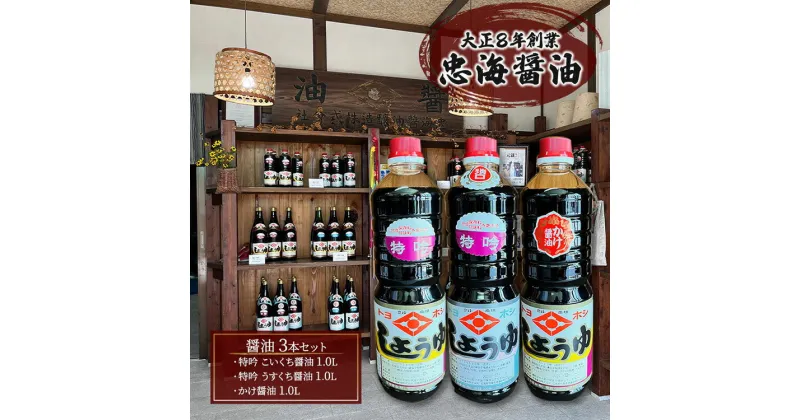 【ふるさと納税】醤油 3本セット 忠海醤油 特吟醤油 1.0L ( 濃口 ・ 薄口 ) かけ醤油 1.0L 合成保存料 甘味料 不使用 竹原市　【 竹原市 】