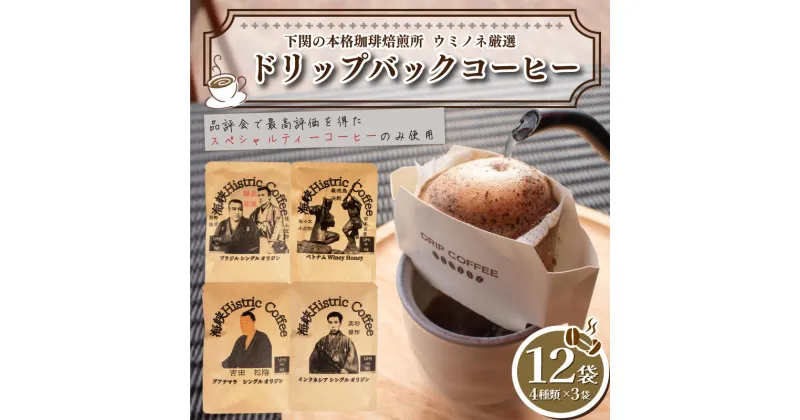 【ふるさと納税】 ドリップバック 4種 10g×12袋 コーヒー 珈琲 ドリップ ブラジル ベトナム グアテマラ インドネシア 中粗挽き 飲み比べ 個包装 ドリップバックコーヒー アウトドア キャンプ 自家焙煎 飲料 下関 山口