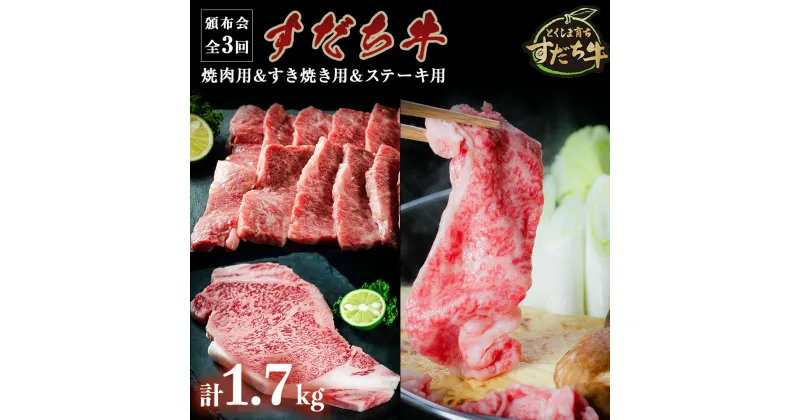 【ふるさと納税】 頒布会 3回お届け すだち牛 焼肉用 600g & すき焼き用 600g & ステーキ用 500g 合計 1.7kg 赤身 国産 牛肉 冷凍 お肉 グルメ ギフト 和牛 霜降り カット 小分け 定期便 お楽しみ